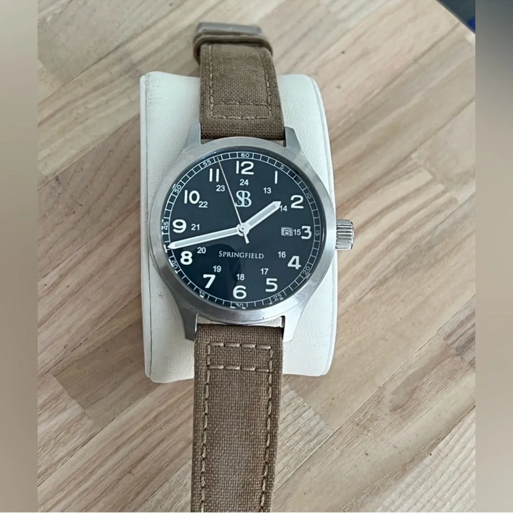 Smith & Bradley Men's Rare Vintage Watch Stainless Case Canvas Strap Black Dial